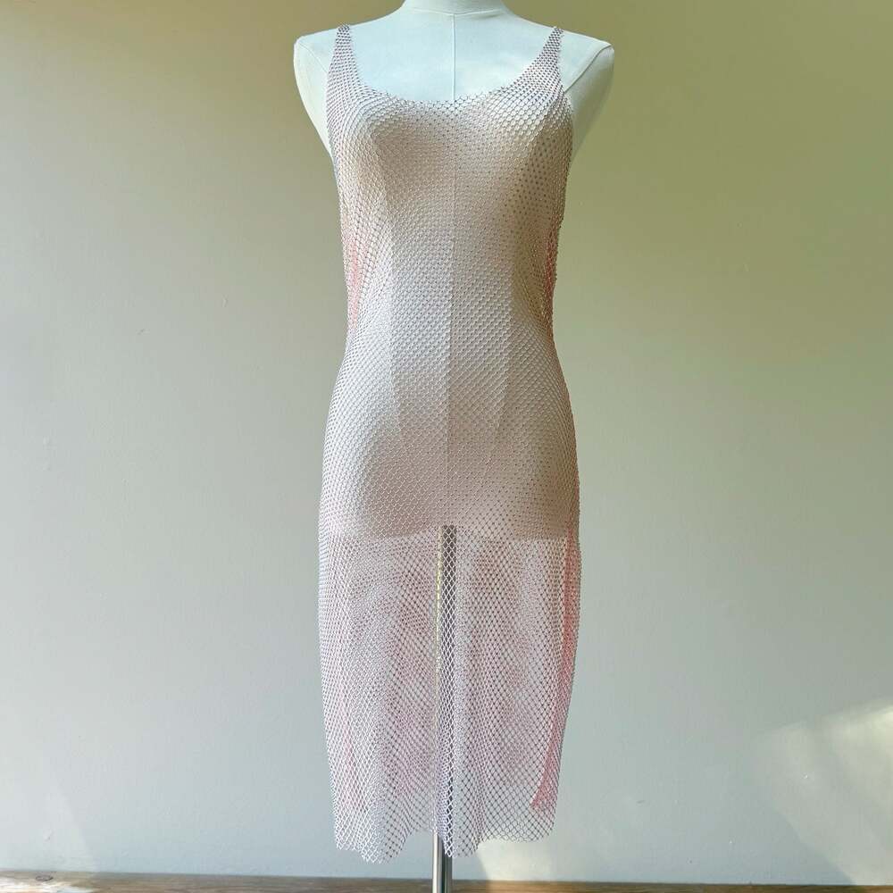 Rhinestone-Embellished Scoop Neck Mesh Dress